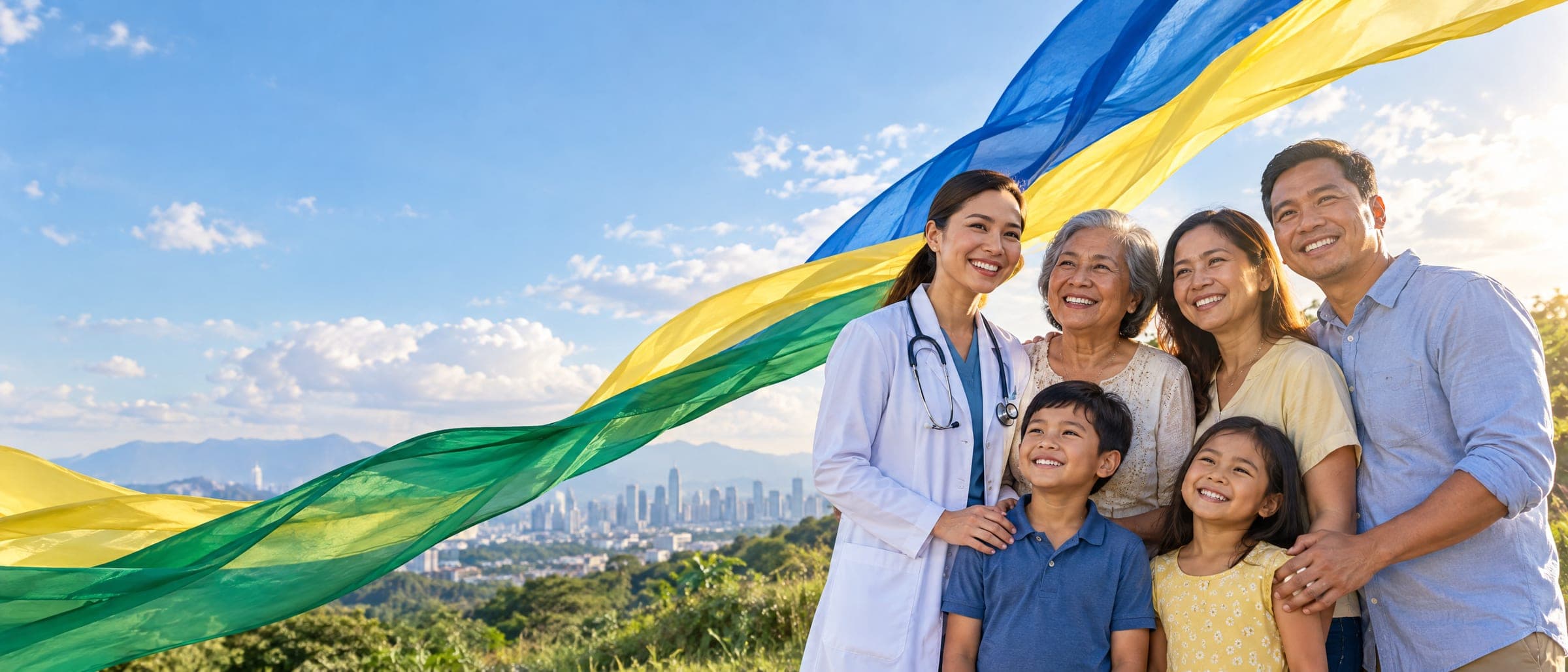 A family doctor with a smiling Filipino family under flowing green, yellow and blue ribbons